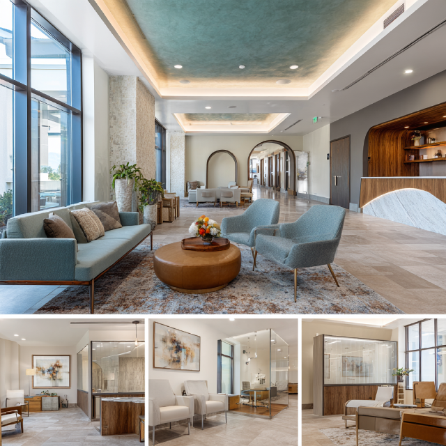 Premium medical center interior design in Seal Beach featuring a reception area, physician consultation office, examination room, and modern treatment space