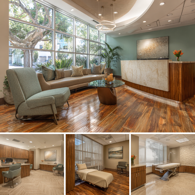 Premium medical office interior design in Lake Forest featuring a reception lobby, physician consultation room, examination room, and modern treatment area