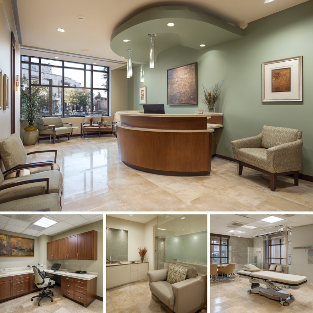 Premium medical office interior in Mission Viejo featuring a patient reception area, physician consultation office, examination room, and treatment space