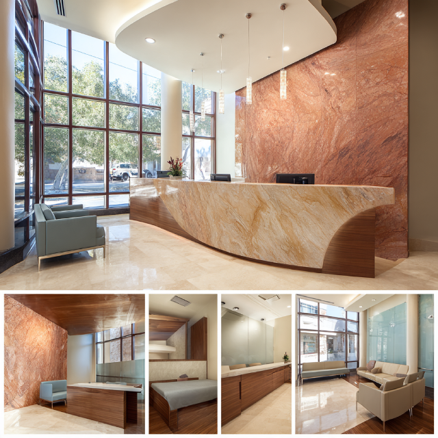 Premium medical office interior in Monrovia featuring a reception area, physician consultation room, examination room, and modern treatment room