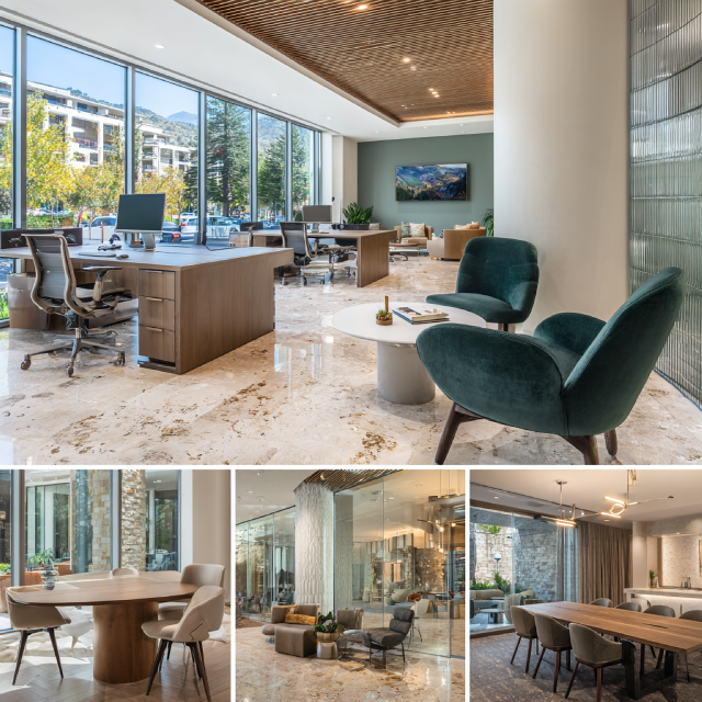 Premium office interior design in Lake Forest featuring an open workspace, elegant reception area, executive conference room, and modern employee lounge