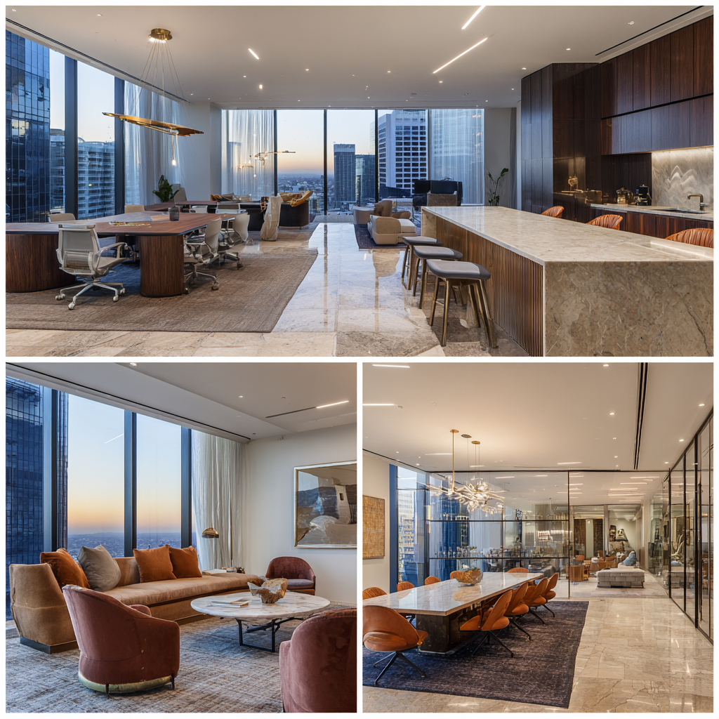 remium office interior in Los Angeles featuring an open workspace, client reception lounge, executive conference room, and employee lounge