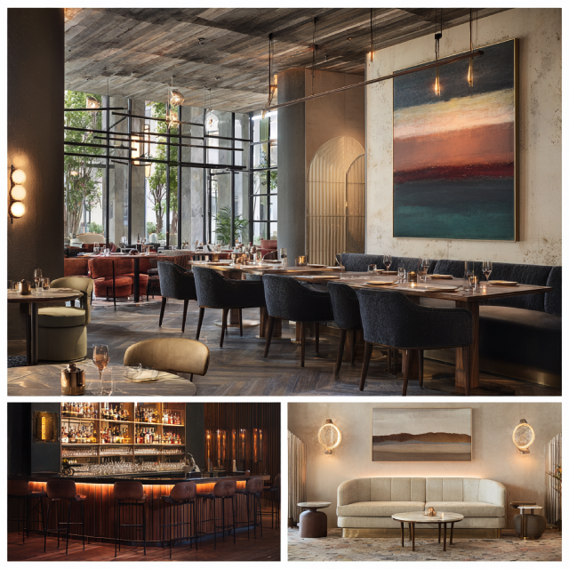 Premium restaurant interior in Los Angeles featuring a main dining room, cocktail bar, private dining area, and sophisticated reception lounge