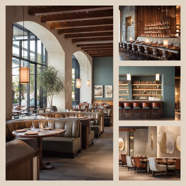 Premium restaurant interior design in Pasadena featuring a main dining room, cocktail bar, private dining area, and elegant reception lounge