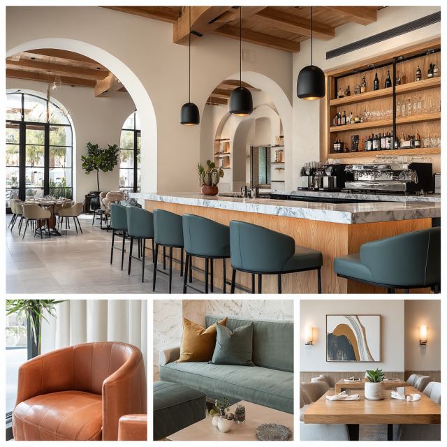 Restaurant interior design collage in Westminster CA featuring dining area, bar lounge, entrance and private dining room.