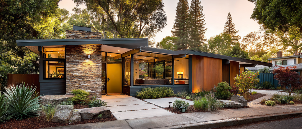 Renovated 1950s California home featuring classic mid-century architecture, horizontal rooflines, restored cedar siding, modern glass walls and landscaped outdoor living areas.
