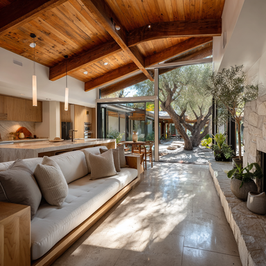 Renovated 1960s California ranch home with a modern kitchen island, vaulted wood-beam ceiling, and open living and dining areas.