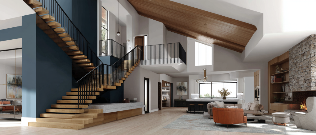 Renovated 1970s split-level house featuring modern floating staircases, glass railings, a spacious entryway, updated kitchen and bright multi-level living areas.