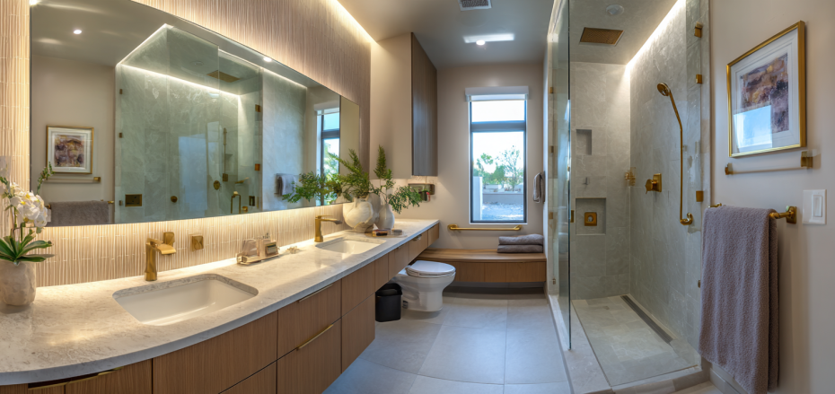 Luxury accessible bathroom remodel in California featuring a curbless walk-in shower, grab bars, floating vanity, non-slip flooring and modern universal design.