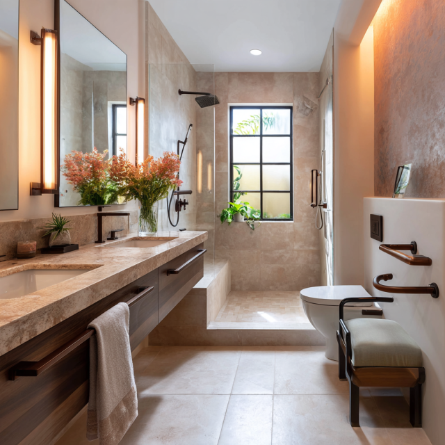 Luxury coastal accessible bathroom remodel in California featuring a curbless walk-in shower, built-in bench, brushed nickel grab bars, white oak vanity and slip-resistant flooring.
