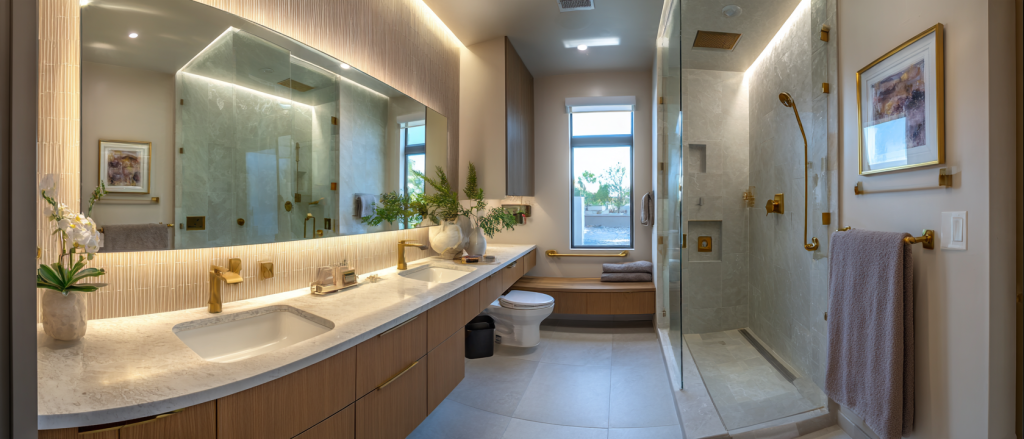 Luxury accessible bathroom remodel in California featuring a curbless walk-in shower, grab bars, floating vanity, non-slip flooring and modern universal design.