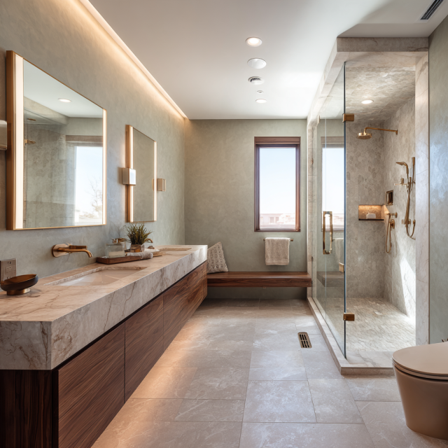 Modern aging-in-place bathroom with a barrier-free shower, limestone walls, built-in shower bench, safety grab bars, floating oak vanity and bright natural lighting.