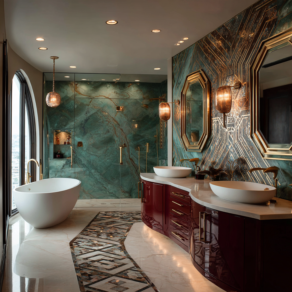 Luxury Art Deco bathroom remodel featuring an emerald green marble wall, freestanding bathtub, burgundy vanity, brass fixtures and geometric floor details.