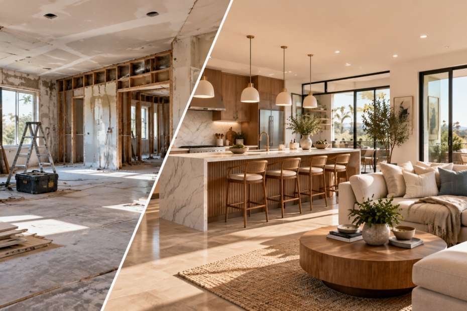 Before and after home renovation showing a California house transformation from an unfinished construction space to a modern open-concept kitchen and living area.
