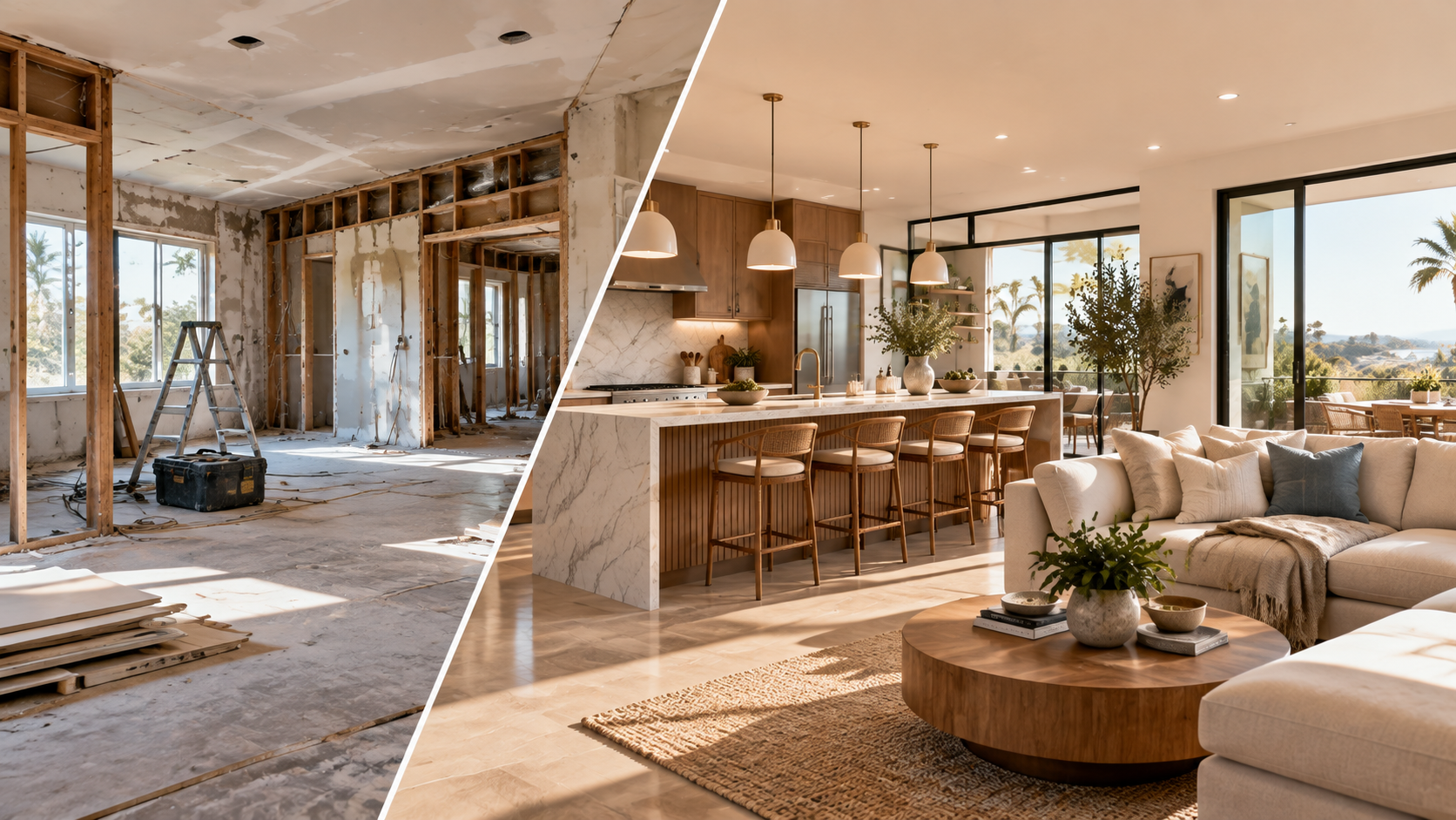Before and after home renovation showing a California house transformation from an unfinished construction space to a modern open-concept kitchen and living area.