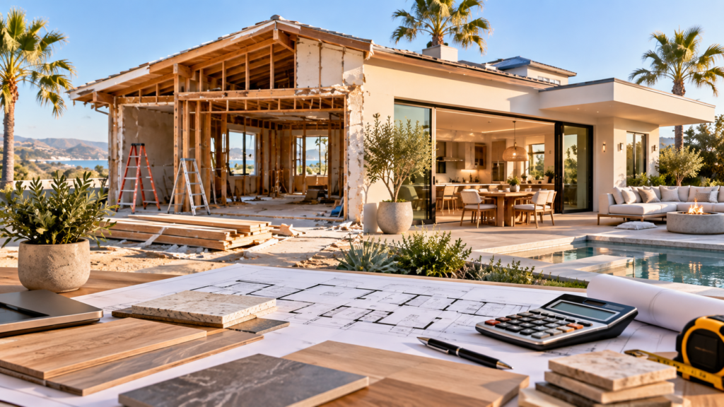 California home renovation showing construction framing, a modern remodeled house, architectural blueprints, material samples, and a calculator for renovation budgeting.