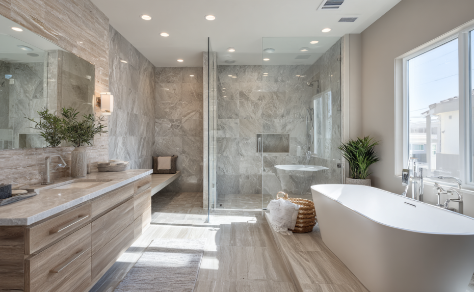 Modern California bathroom remodel with walk-in shower, floating vanity, and architectural plans for permit planning.