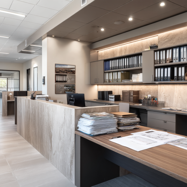 Professional building permit processing office with architectural plans, permit applications, approval documents, and organized paperwork