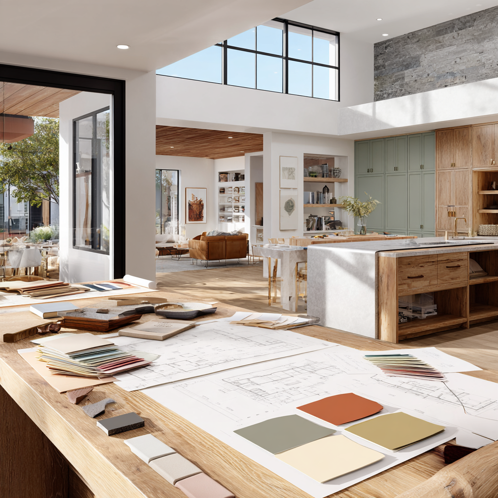 Modern California home remodeling and design featuring an open-concept living room, contemporary kitchen, natural stone countertops and architectural renovation plans.
