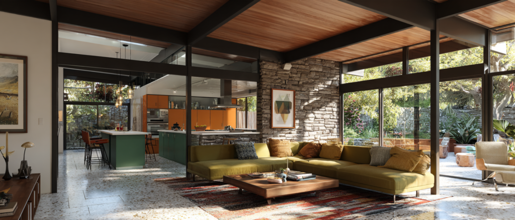 California mid-century modern home renovation featuring exposed wood beams, open concept living space, large glass walls and restored architectural details.