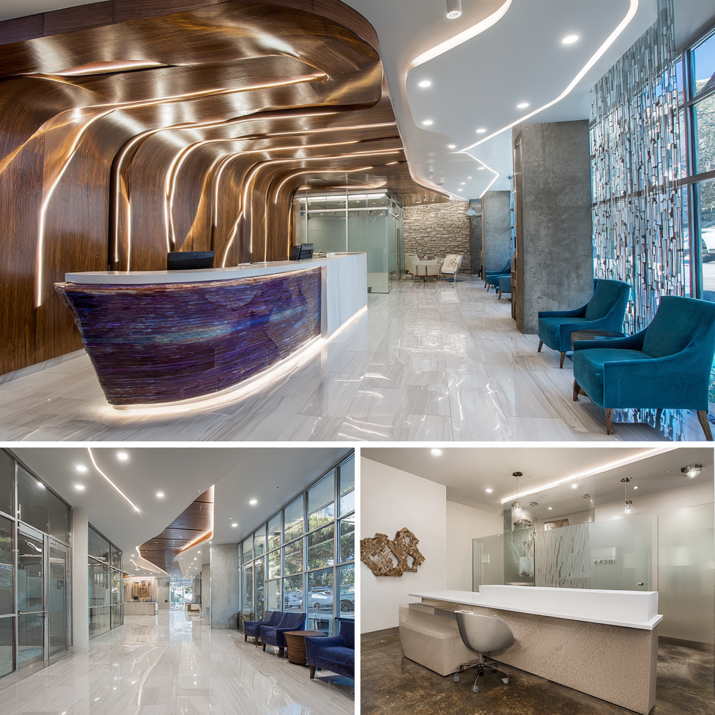 Contemporary medical clinic interior design in California featuring curved architectural walls, colorful terrazzo flooring, modern reception, patient lounge and advanced treatment spaces.