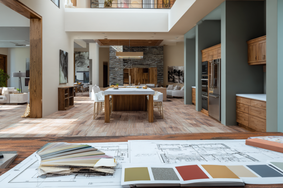 California home renovation planning featuring architectural floor plans, material samples, a scale model and a modern remodeled living room with natural wood finishes.