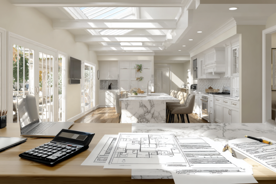 Modern California home renovation featuring a remodeled kitchen, home office, architectural plans and energy-efficient upgrades for tax planning