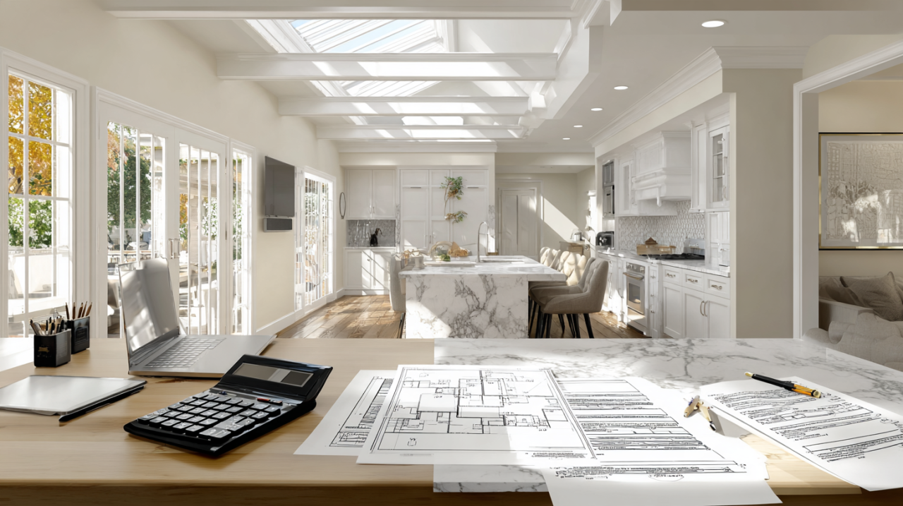 Modern California home renovation featuring a remodeled kitchen, home office, architectural plans and energy-efficient upgrades for tax planning
