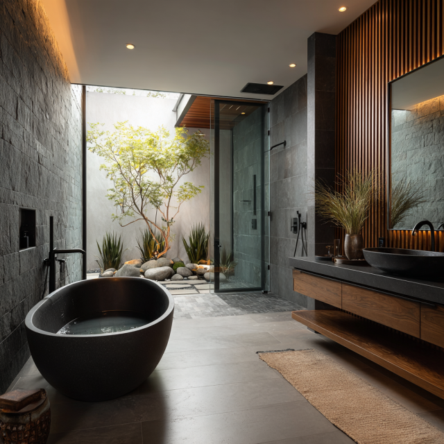 Modern Japandi bathroom remodel in California featuring a freestanding bathtub, charcoal stone walls, dark oak vanity, walk-in shower and minimalist black fixtures.