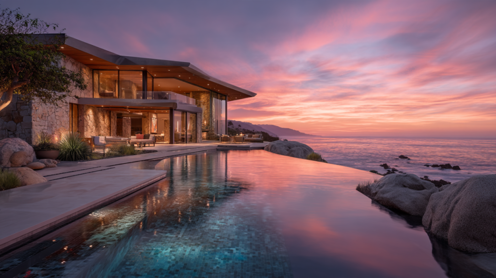 Modern California-style luxury cliffside mansion with infinity pool and panoramic ocean view at sunset