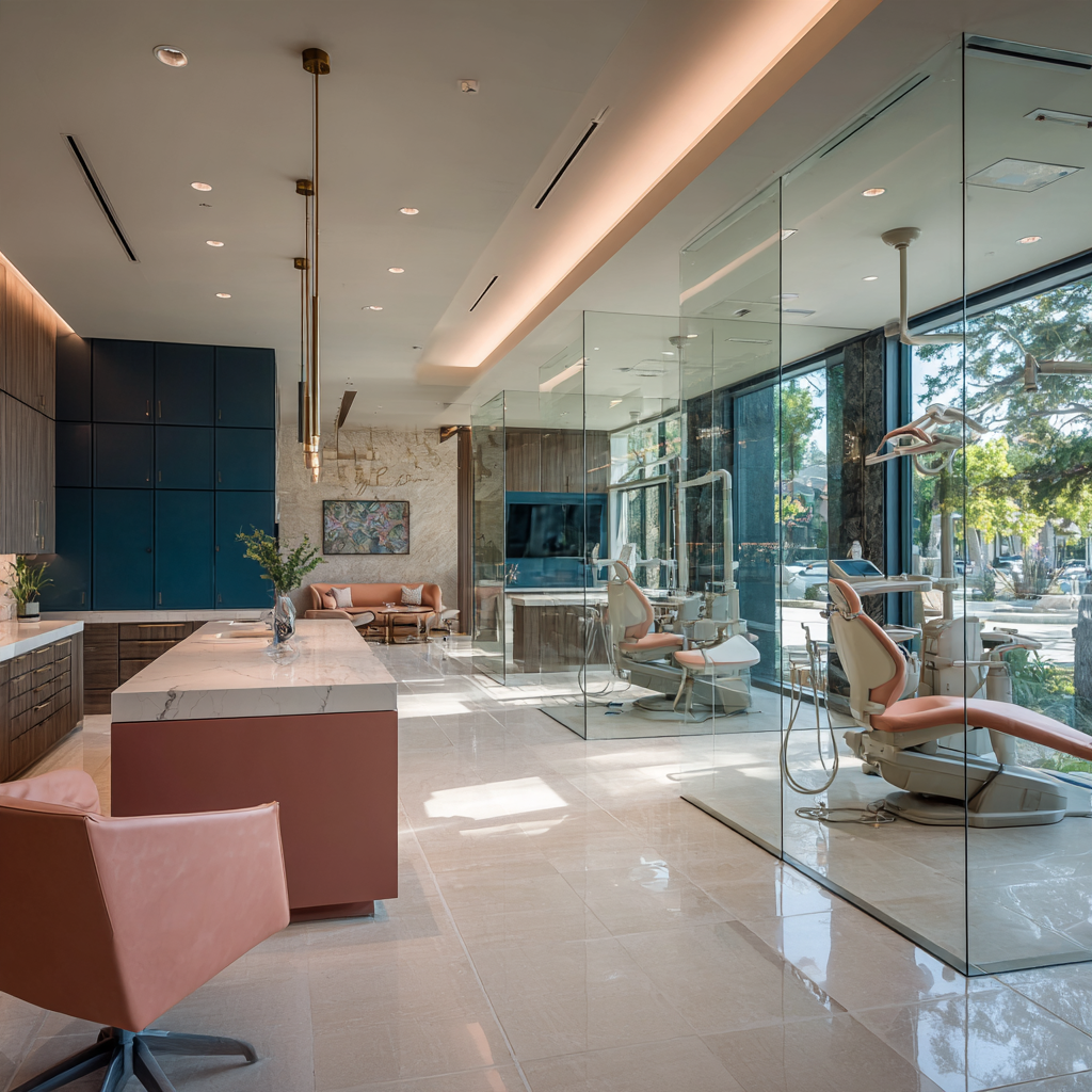 Luxury dental office interior design in California featuring a modern reception desk, comfortable patient waiting area, advanced dental treatment room and contemporary dental equipment.