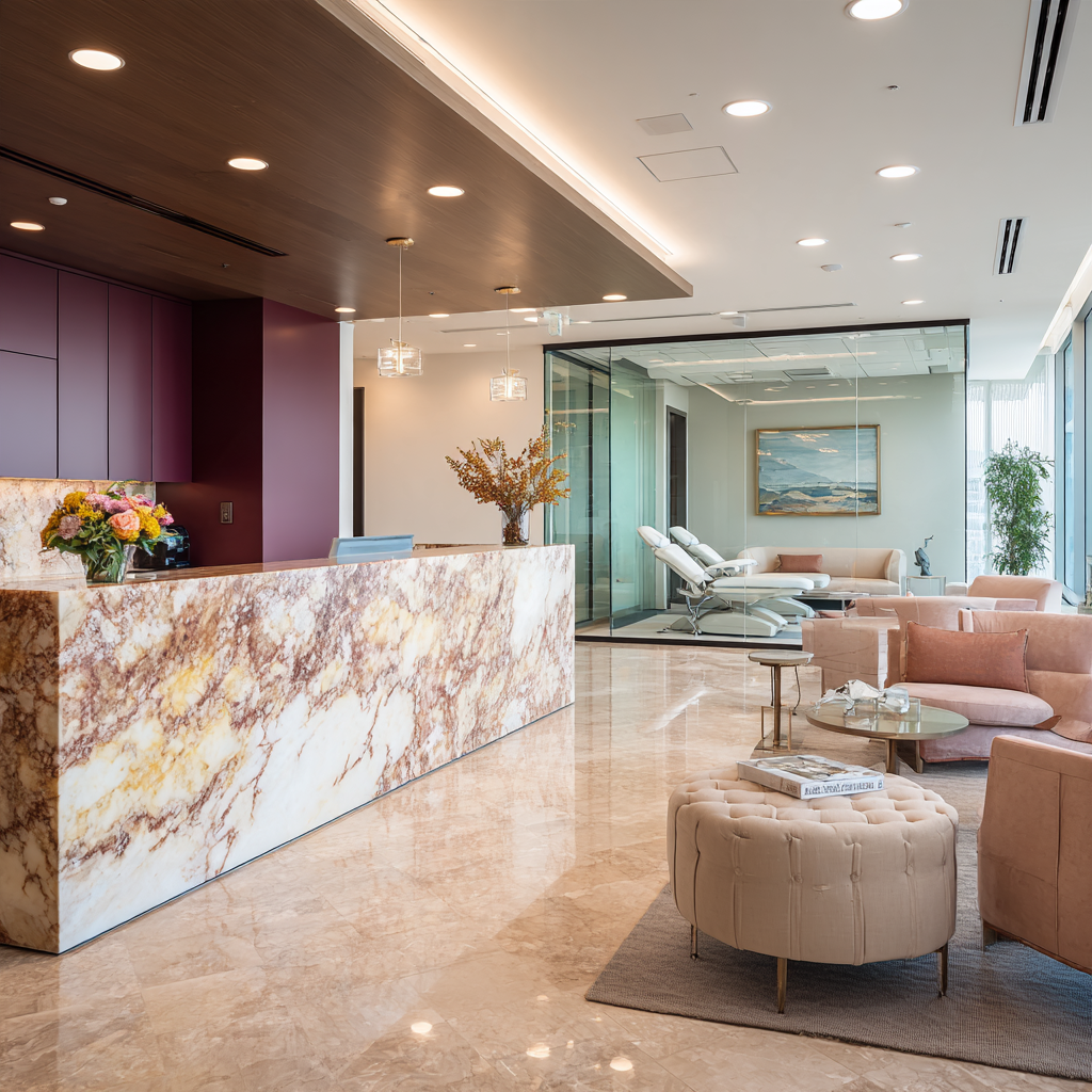 Luxury dermatology and plastic surgery office interior design in California featuring an elegant reception, patient waiting lounge, modern consultation room and advanced aesthetic treatment equipment.