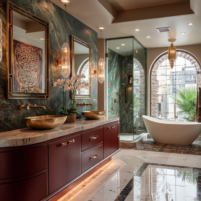Luxury bathroom with emerald green marble walls, a freestanding bathtub, burgundy vanity, gold-framed mirrors and elegant brass bathroom fixtures.