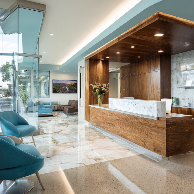 Luxury healthcare interior design in California featuring an elegant medical reception, patient waiting lounge, dental treatment area, dermatology consultation room and physical therapy space.
