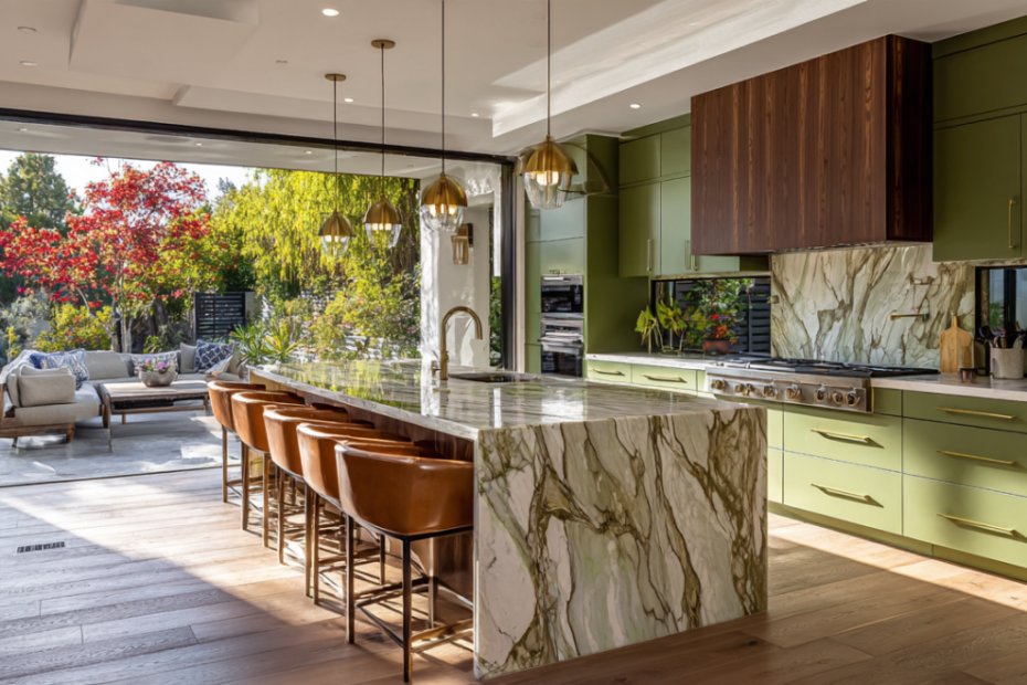 Modern luxury kitchen remodel in California featuring olive green cabinets, a marble waterfall island, brass pendant lights, leather bar stools and garden views.