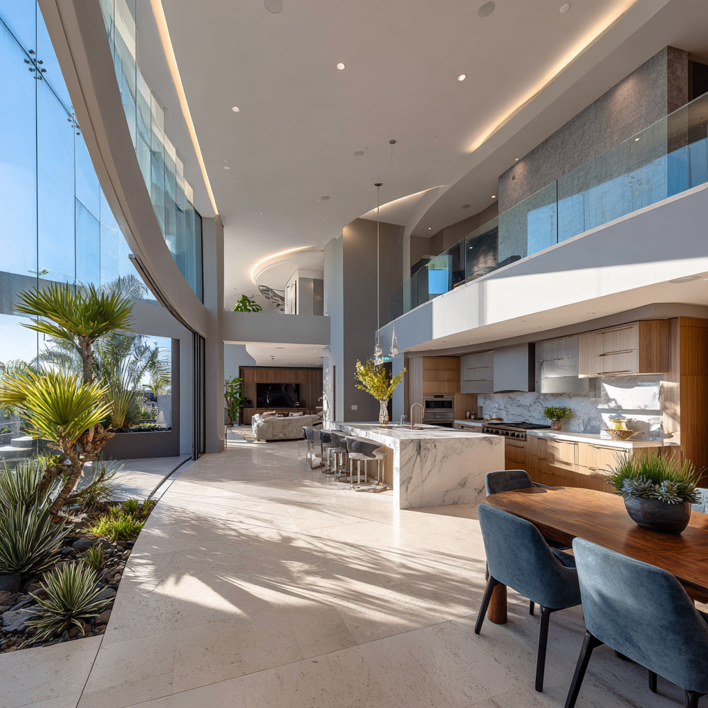 Luxury whole-home renovation in California featuring an open-concept living room, modern kitchen, double-height ceilings, natural stone flooring and expansive glass doors.