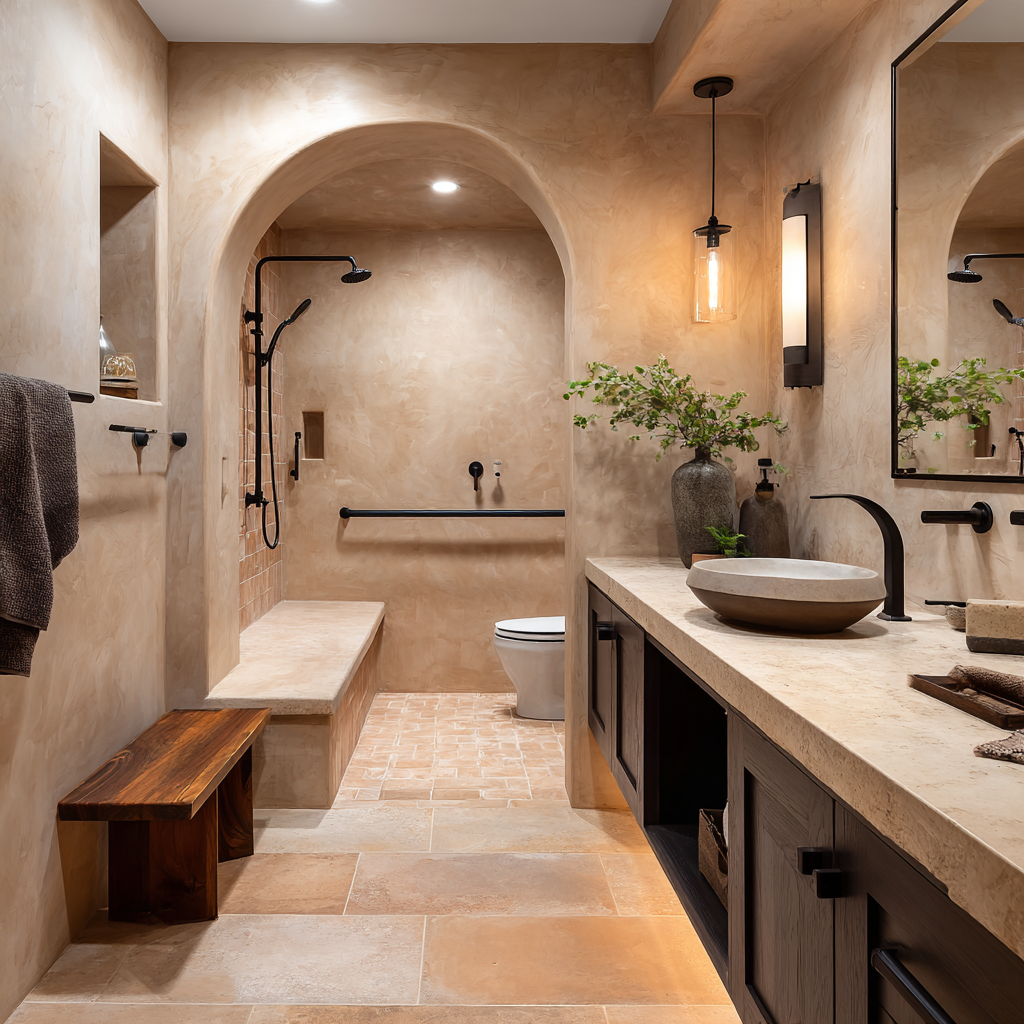 Mediterranean-style accessible bathroom remodel featuring an arched curbless shower, terracotta tiles, matte black grab bars, a built-in bench and dark walnut vanity.