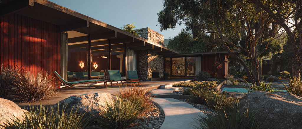 Mid-century modern home exterior renovation in California featuring a restored 1950s house, low roofline, natural wood siding, stone facade and floor-to-ceiling windows.
