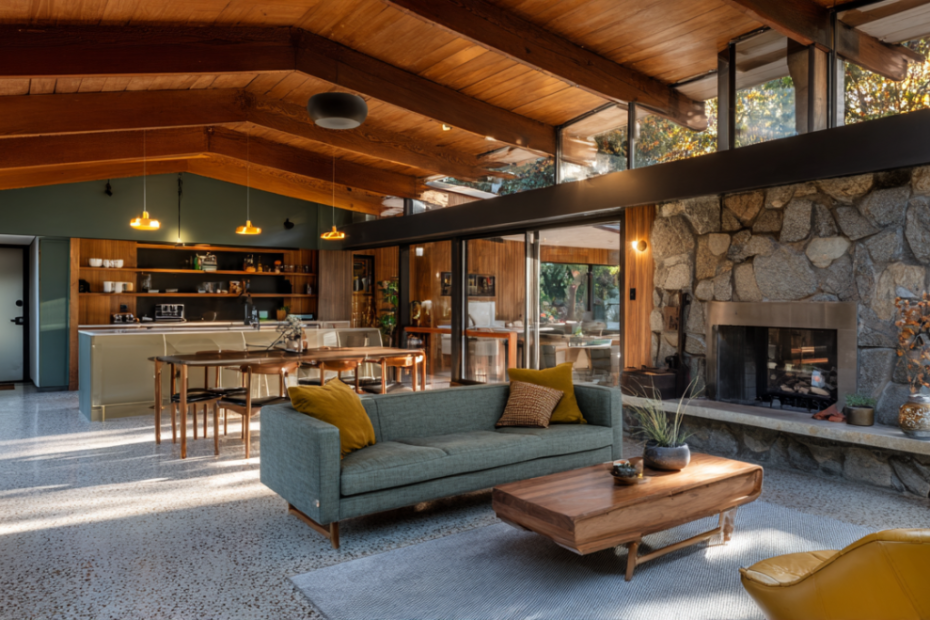 Mid-century modern home renovation in California featuring exposed wood beams, open floor plan, floor-to-ceiling windows and contemporary interior upgrades.