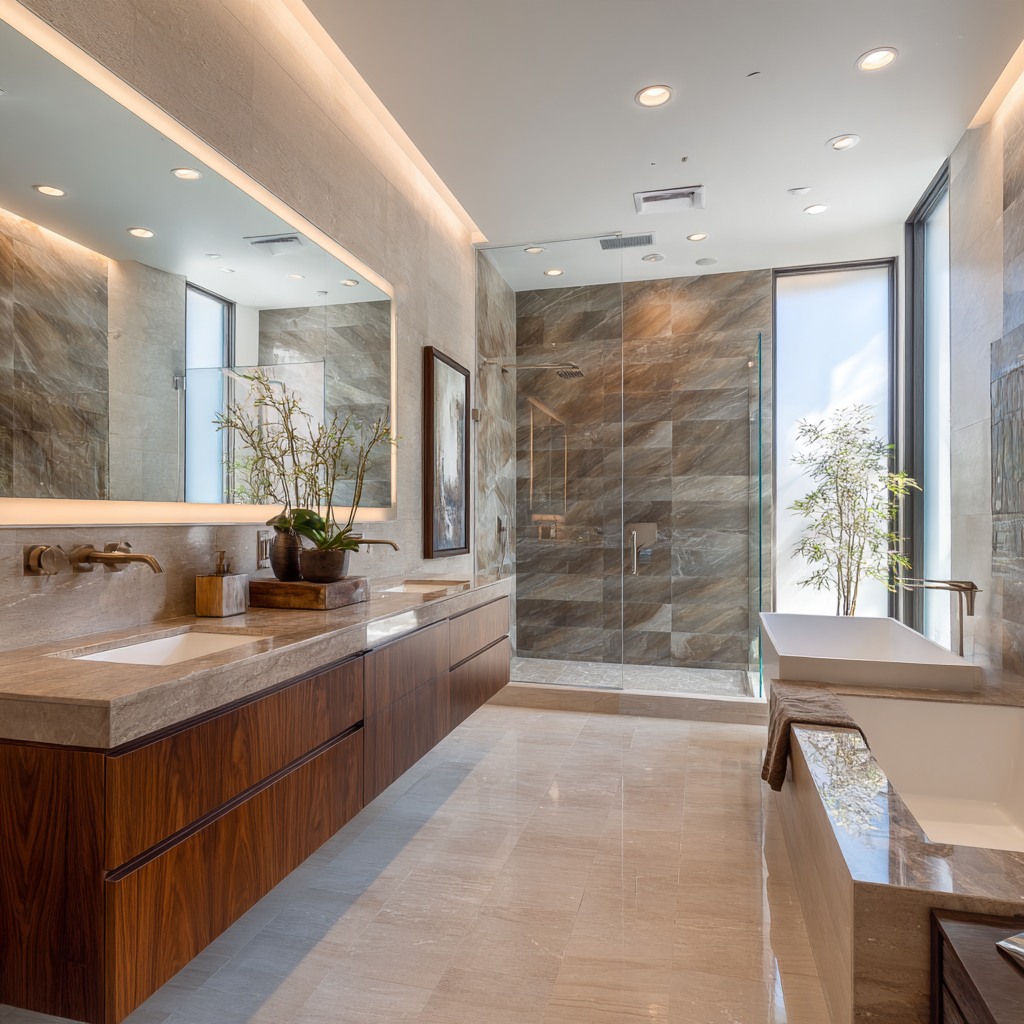 Luxury modern bathroom renovation with a freestanding bathtub, glass-enclosed shower, backlit mirror, walnut cabinetry and elegant beige stone finishes.