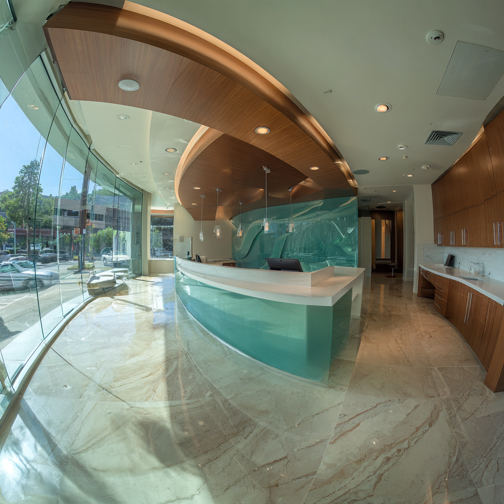 Modern healthcare facility interior design in California showcasing a luxury reception area, architectural glass partitions, private medical consultation rooms and rehabilitation spaces.