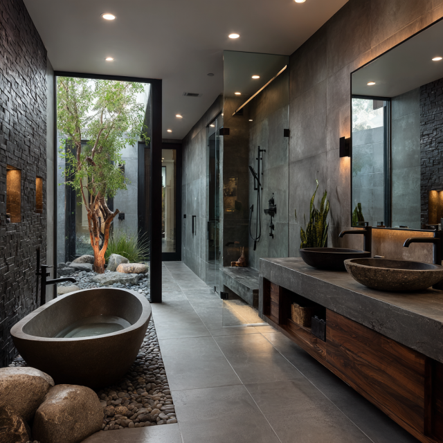 Minimalist bathroom renovation featuring a smoked oak floating vanity, gray stone shower walls, freestanding bathtub, matte black faucets and concealed LED lighting.