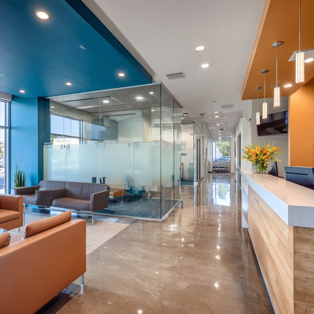 Modern urgent care center interior design in California featuring a spacious reception desk, comfortable patient waiting area, fully equipped examination room and contemporary medical facilities.