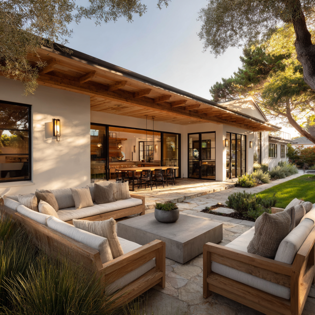 Remodeled California ranch house backyard featuring a covered patio, wooden pergola, outdoor dining area, and landscaped garden.
