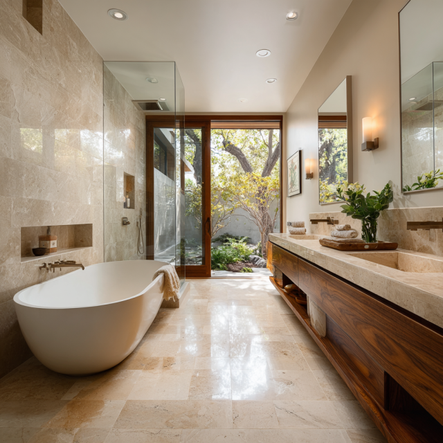 Remodeled California ranch house bathroom featuring a walk-in shower, freestanding bathtub, walnut double vanity, and natural stone finishes.