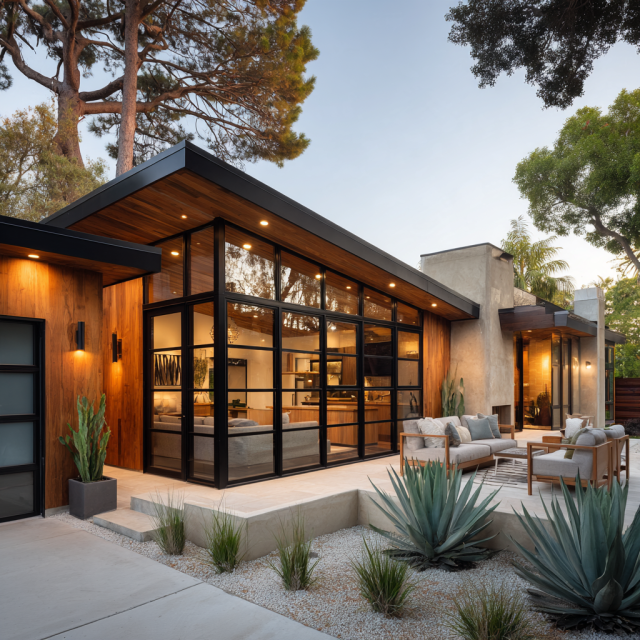California ranch house garage conversion featuring glass doors, cedar wood siding, a modern living studio, and drought-tolerant landscaping.