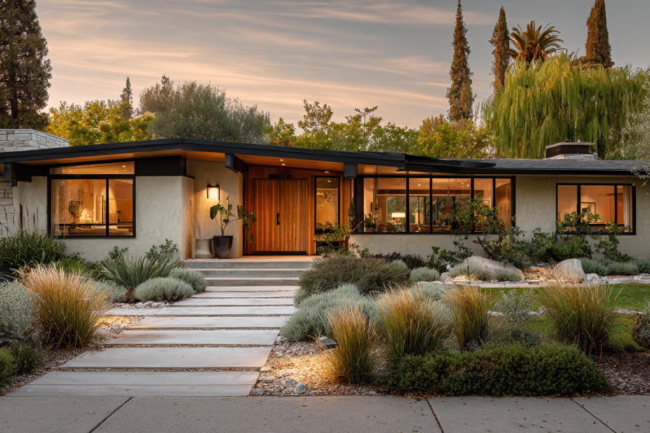 Remodeled California ranch-style house with modern exterior finishes, large windows, and landscaped front yard.