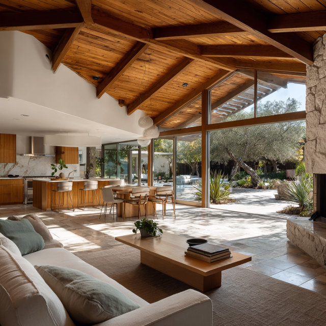 Modern ranch-style house interior with an open floor plan, oak kitchen cabinetry, neutral furniture, and sliding doors leading to a California patio.