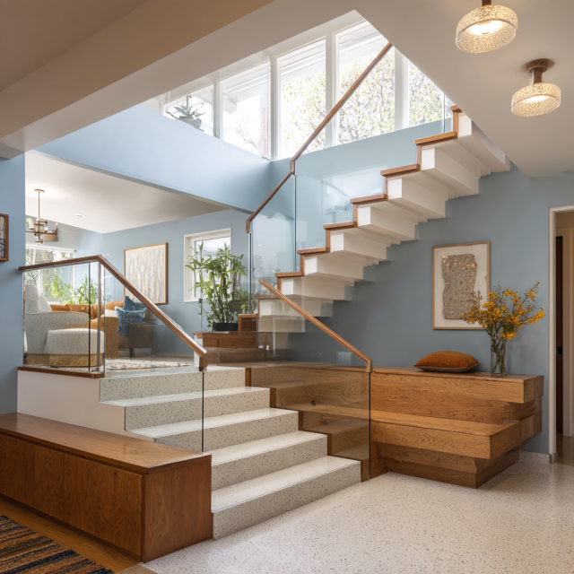 Remodeled split-level home entry in California featuring two short staircases, glass railings, natural oak finishes and a bright entrance connecting multiple living levels.
