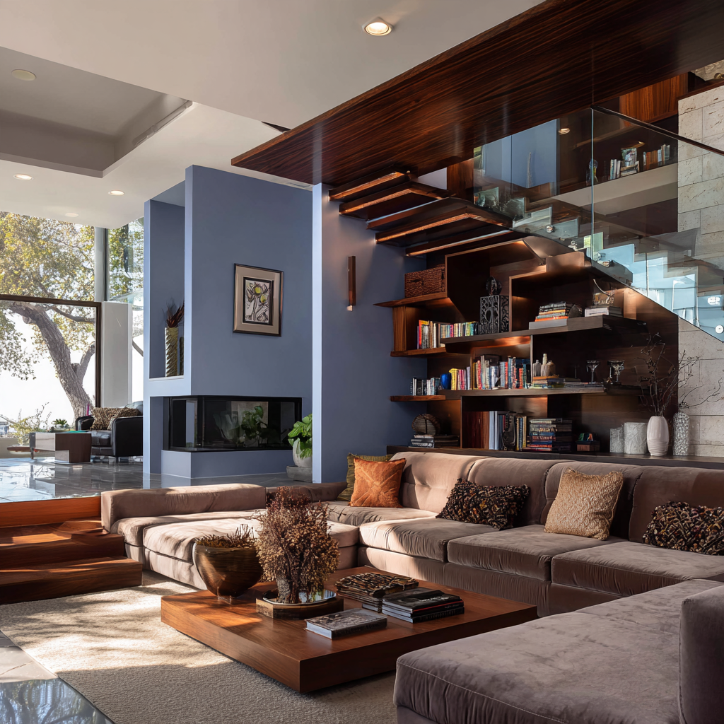 Modern split-level home lower-level remodel in California featuring a sunken family room, glass staircase railings, custom built-in shelving and contemporary interior finishes.